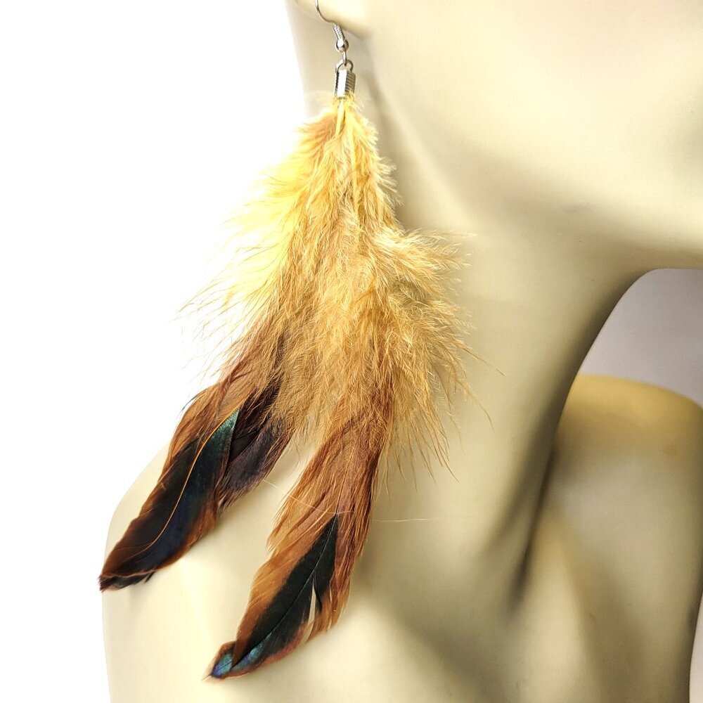 Brown And Beige Feather Earrings